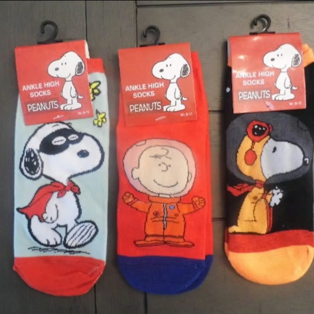Peanuts Snoopy Ankle High Socks, 3 Pairs Size 9-11